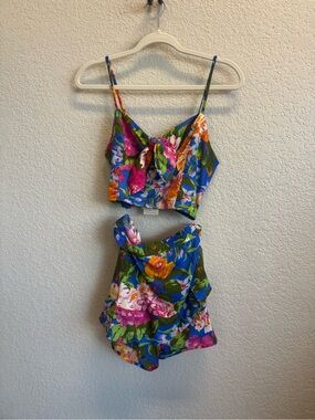 Floral Tie-Front Romper Set in Bright Blue